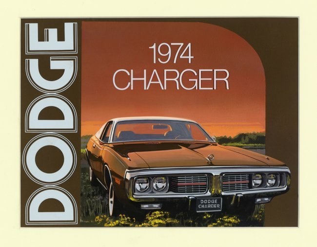 Dodge Charger 1974 Brochure Unique Cover Painting: Dodge Charger 1974 Brochure Cover illustration Original Painting. Frame measures 19 x 22 inches Painting showing thru mat, measures 7.5 x 10.5 inches One of the last painted brochure covers be