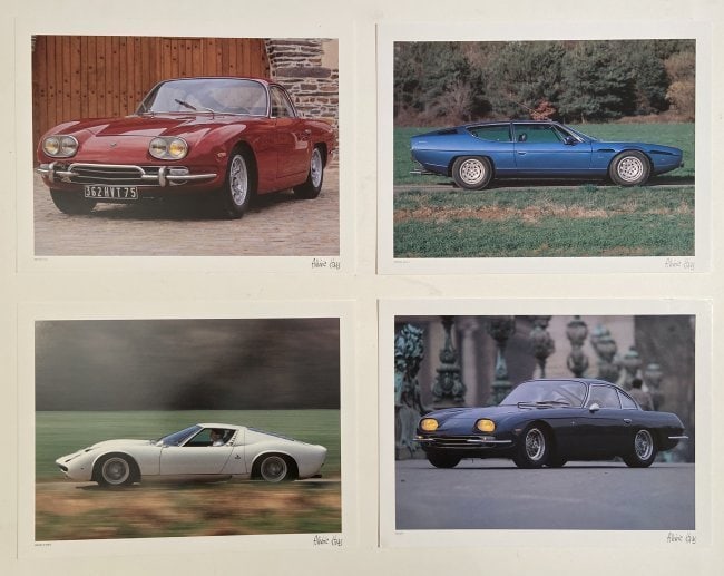 Four Lamborghini Color Photographic Fine Art Prints: Four prints all signed in the printing (plate). Cars include 350GT, Muira P 400S, Espada Serie 3, 400GT 2+2. Each print measures 12â€ x 16â€ on nice glossy paper Albe