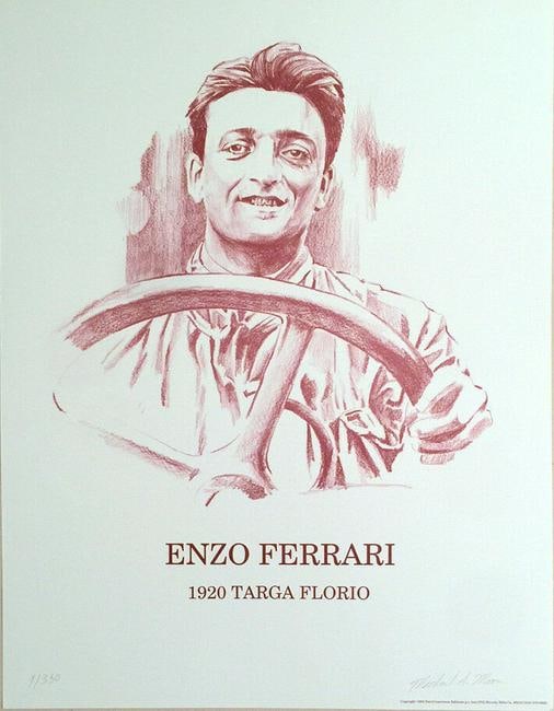 Enzo Ferrari 1920 Targa Florio, 1994 Limited Edition print by Michael Moore: Rare print o buff colored art gallery quality paper. Mooreâ€™s drawing have been featured in Racer Magazine. Limted editon of 350 prints. Signed lower right and numbered lower left in