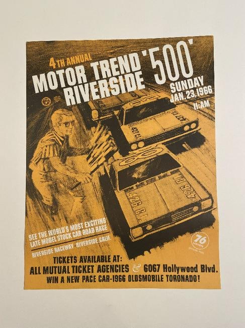Original Vintage 4th Annual Motor Trend Riverside 500 Stock car (NASCAR race) Poster: Measures 21.5â€ x 16.5â€ Original Vintage 4th Annual Motor Trend Riverside 500 Stock car (NASCAR race) Poster. This lithographic poster was bought from the company that was the ticket 