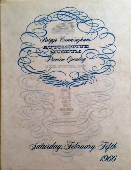 Briggs Cunningham Automotive Museum Opening Program: This program dates from 1966. The front and back covers are in vellum material, and it is of the highest quality paper and printing. This item is from the Christie's Monterey Briggs Cunningham