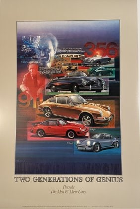 Two Generations of Genius, Porsche Rare Print: A rare print titled, "Two Generations of Genius, Porsche, The Men & The Cars" A very high quality print with continuous tone printing from seventeen plate using no dots to create the printing. The
