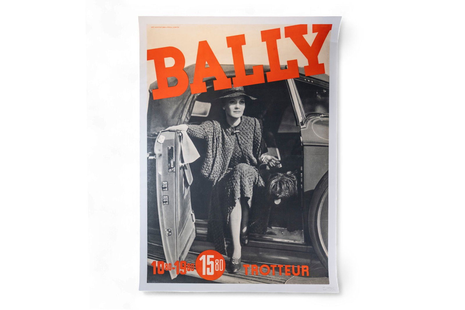 A Bally advertising poster, 1930s, image of a lady with her dog in a convertible coupe, printed in: A Bally advertising poster, 1930s,image of a lady with her dog in a convertible coupe, printed in Zurich, 50H x 35.3W inches Restored on Linen and from a great collection.