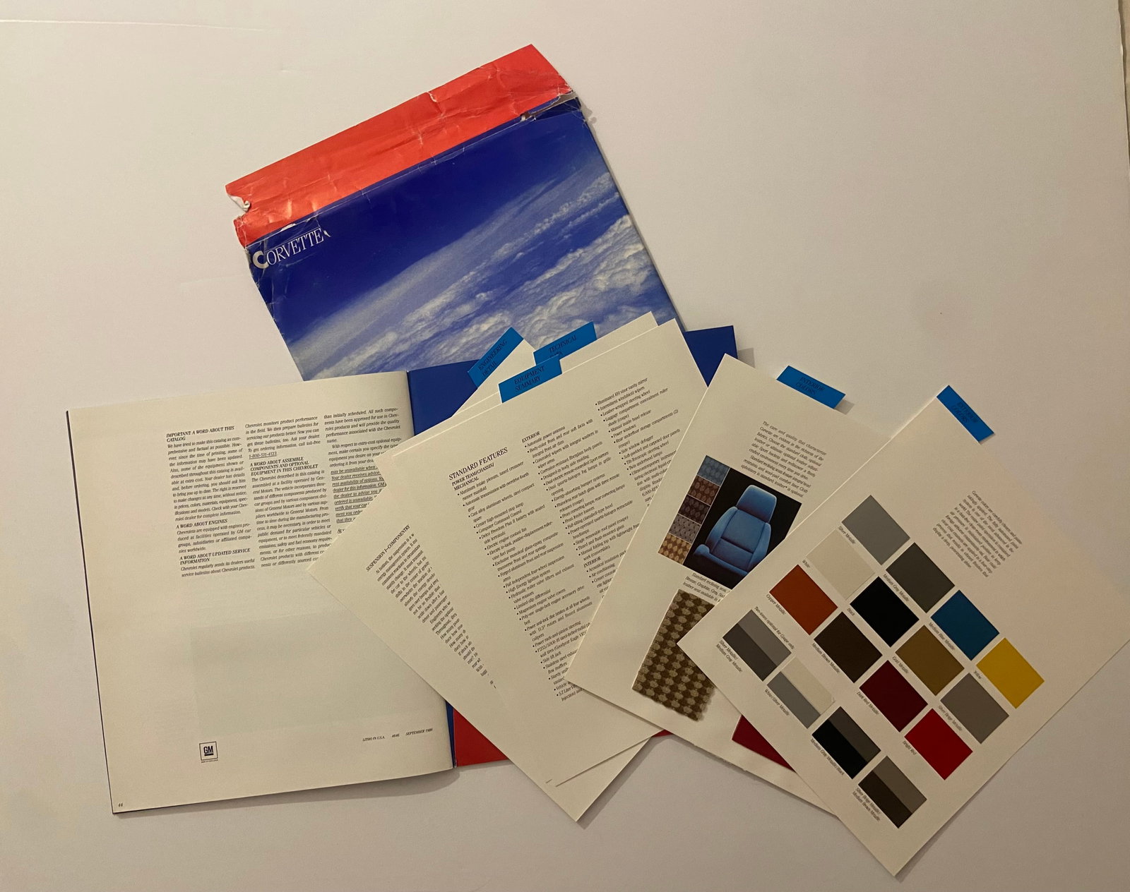 Corvette factory Brochure with color samples and upholstery samples, envelope (1 of 2)