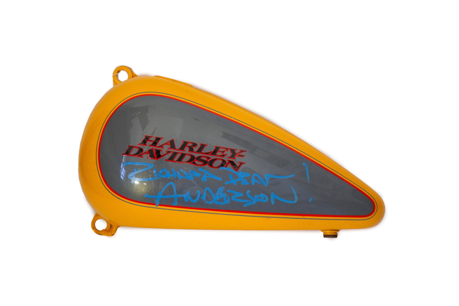 A Harley-Davidson fuel tank signed by Richard Dean Anderson MacGyver (1 of 2)