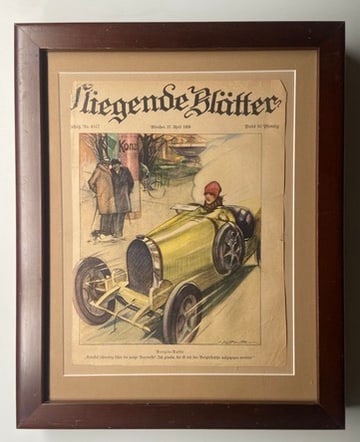 Bugatti Rare Color Stone LItho Fliegende Blatter Cover by Haffeiffer: Bugatti driven by a beautiful woman Rare Color Stone LItho Fliegende Blatter Cover by Haffeiffer, recently beautifully framed frame measures 16 x 13 2 inches
