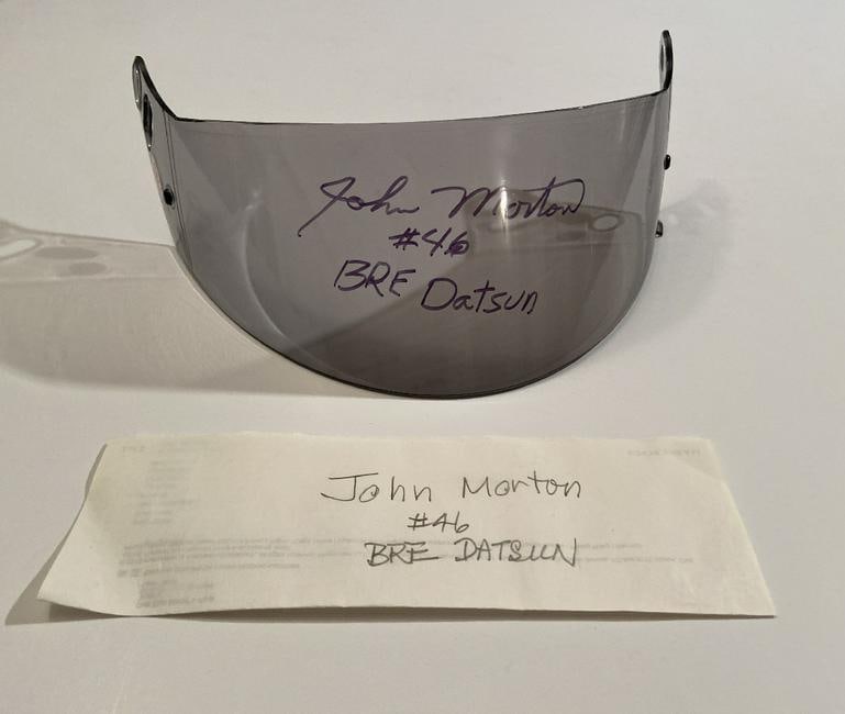 John Morton BRE Datsun Signed Visor: John Morton BRE Datsun Boldly Signed Visor, Rare, From the collection of an internationally known vintage racer.