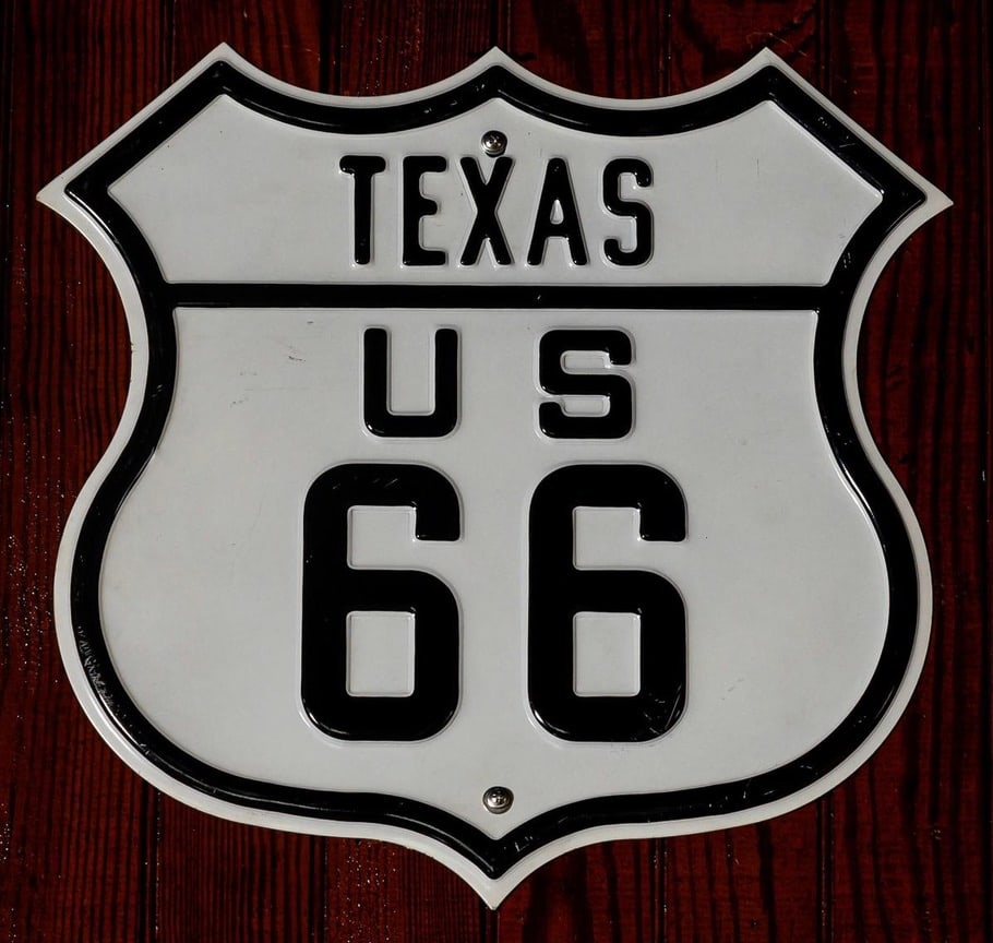 Texas US Route 66 Metal Sign: Texas US Route 66 Metal Sign measures 16 x 15.5 inches, This sign came out of a major Conn. car collection and was sold through Bonhams Auctions. They advised us it was original ,but we are not sure