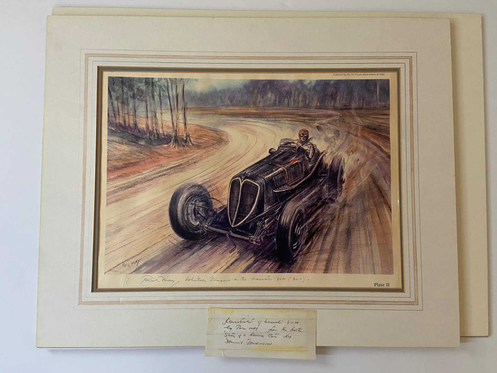 Maserati Phil May print of Whitney Straight in the Maserati 8CM chassis number 3011., Print Matted: Phil May print of Whitney Straight in the Maserati 8CM chassis number 3011., Rare Litho Print Matted from the Ian F. Wade Collection, England NO RESERVE Just needs a frame Image measures 10.5 x 14 inc
