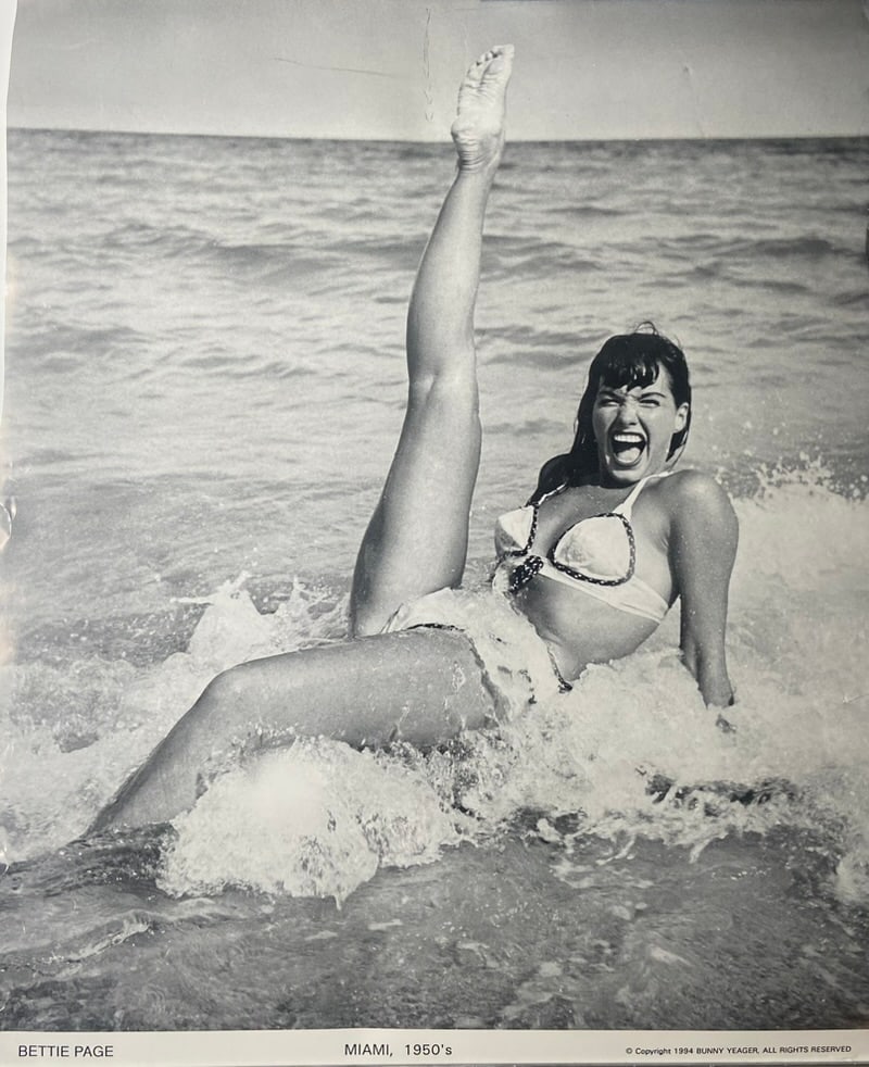 Bettie Page Miami, 1950s photo by Bunny Yeager Vintage Black and White poster: Bettie Page Miami, 1950s photo by Bunny Yeager Vintage Black, and White poster printed 1994 Measures 16" x 20 inches