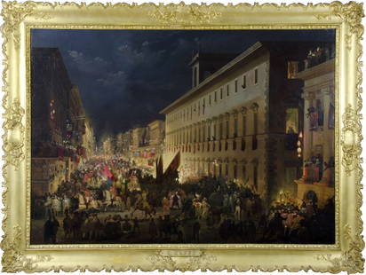 Caffi-la festa del Moccoletti: Ippolito Caffi 1809 - 1866 2Veduta romana del Carnevale al Corso con i moccoletti" cm. 66x93 - olio su tela foderata Firmato b. a d. Caffi dopo un primo alunnato bellunese, si trasferÃ¬ a Padova dov