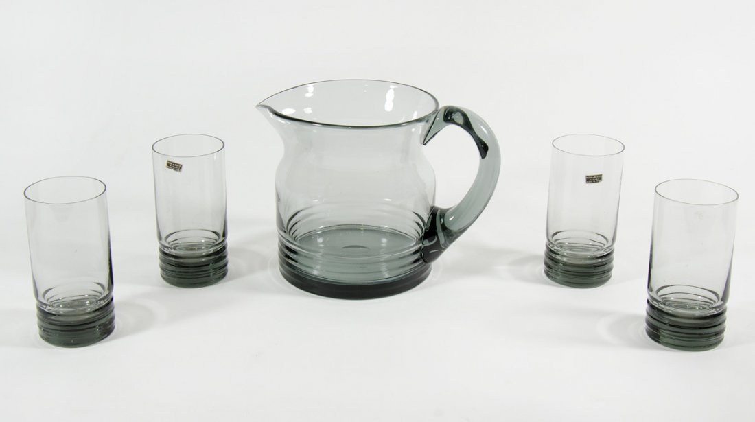 NasonMoretti-5 pezzi etro: Nason & Moretti: set da tavolo in vetro composto da brocca e 4 bicchieri. Con etichetta in carta originali.