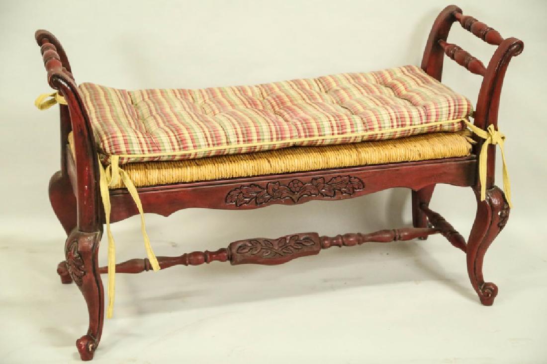 VINTAGE COUNTRY FRENCH RED BENCH WITH RUSH SEAT (1 of 3)