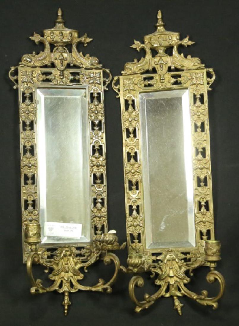PAIR OF 19th CENTURY BRASS & MIRRORED BACK SCONCES (1 of 3)