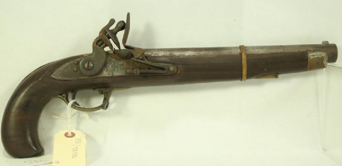 BRITISH FLINTLOCK MILITARY PISTOL: BRITISH .80 CALIBER FLINTLOCK MILITARY PISTOL. (USED FIREARM) CALIBER: 80 ANTIQUE
