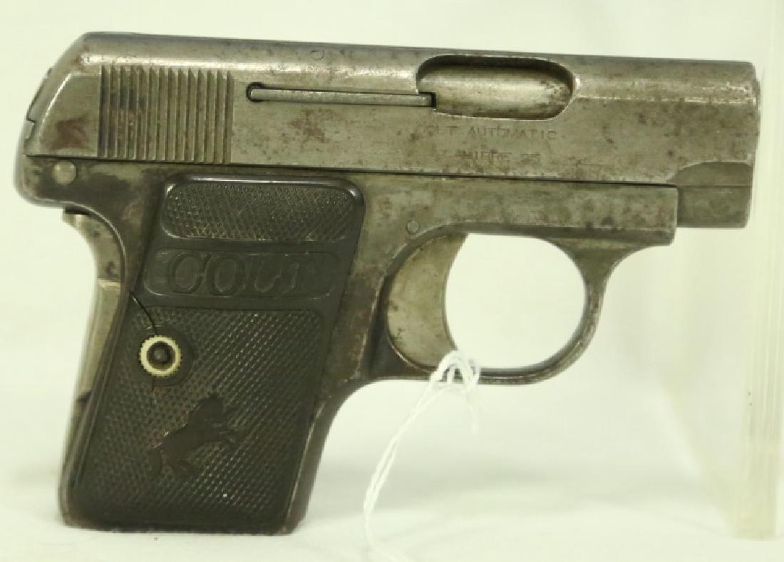 COLT AUTOMATIC .25 ACP PISTOL: COLT AUTOMATIC .25 ACP PISTOL. (USED FIREARM) NOTE: POCKET PISTOL. NO MAGAZINE CALIBER: .25 ACP SERIAL NUMBER: 298569
