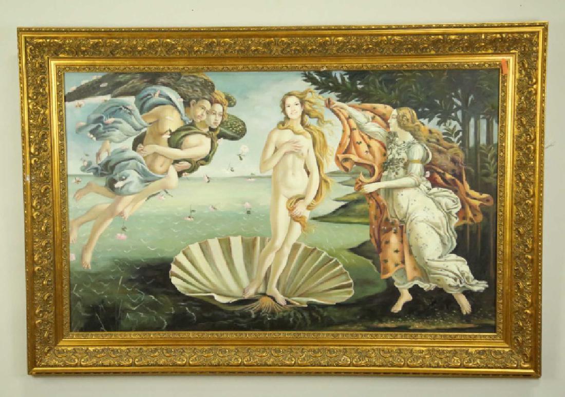 AFTER BOTTICELLI "THE BIRTH OF VENUS" OIL/CANVAS: AFTER BOTTICELLI "THE BIRTH OF VENUS" OIL ON CANVAS WITH LOCAL WOMANS FACE. Height: 35 & 26 in. by Width: 52 & 42 1/2 in.