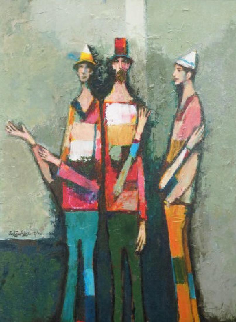 DAVID ADICKES "TRIO OF MEN" MIXED MEDIA: DAVID ADICKES "TRIO OF MEN" MIXED MEDIA, ACRYLIC OVER GICLEE ON PANEL. Height: 38 & 31 in. by Width: 30 & 23 in.