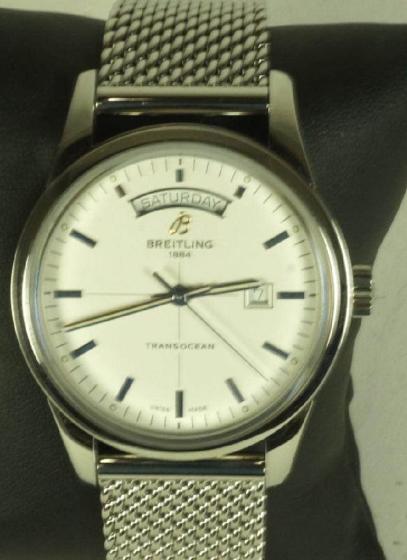 BREITLING TRANSOCEAN DAY/DATE 43MM STEEL WATCH: BREITLING TRANSOCEAN DAY/DATE 43MM STEEL WATCH. PRE-OWNED, BOX, PAPERWORK.