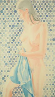 SEBASTIAN BLANCK "ISCA WITH BLUE TOWELL I" OIL: SEBASTIAN BLANCK (US 1976-?)"ISCA WITH BLUE TOWELL I" OIL ON CANVAS. Height: 36 in. by Width: 21 in. by Depth: 1 1/2 in.