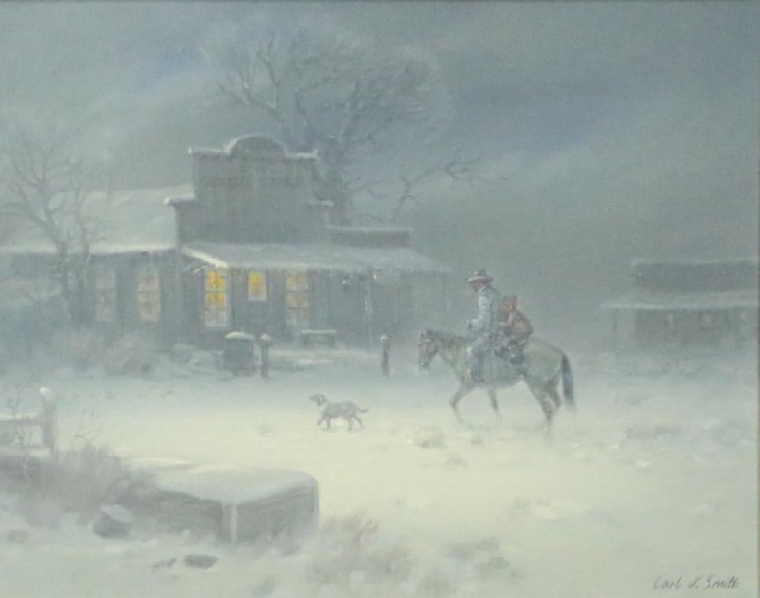 CARL J. SMITH "KEROSENE & PEPPERMINT" OIL: CARL J. SMITH (BORN TX 1928)"KEROSENE & PEPPERMINT" OIL ON CANVAS IN FRAME. Height: 23 & 15 in. by Width: 27 & 19 1/2 in.