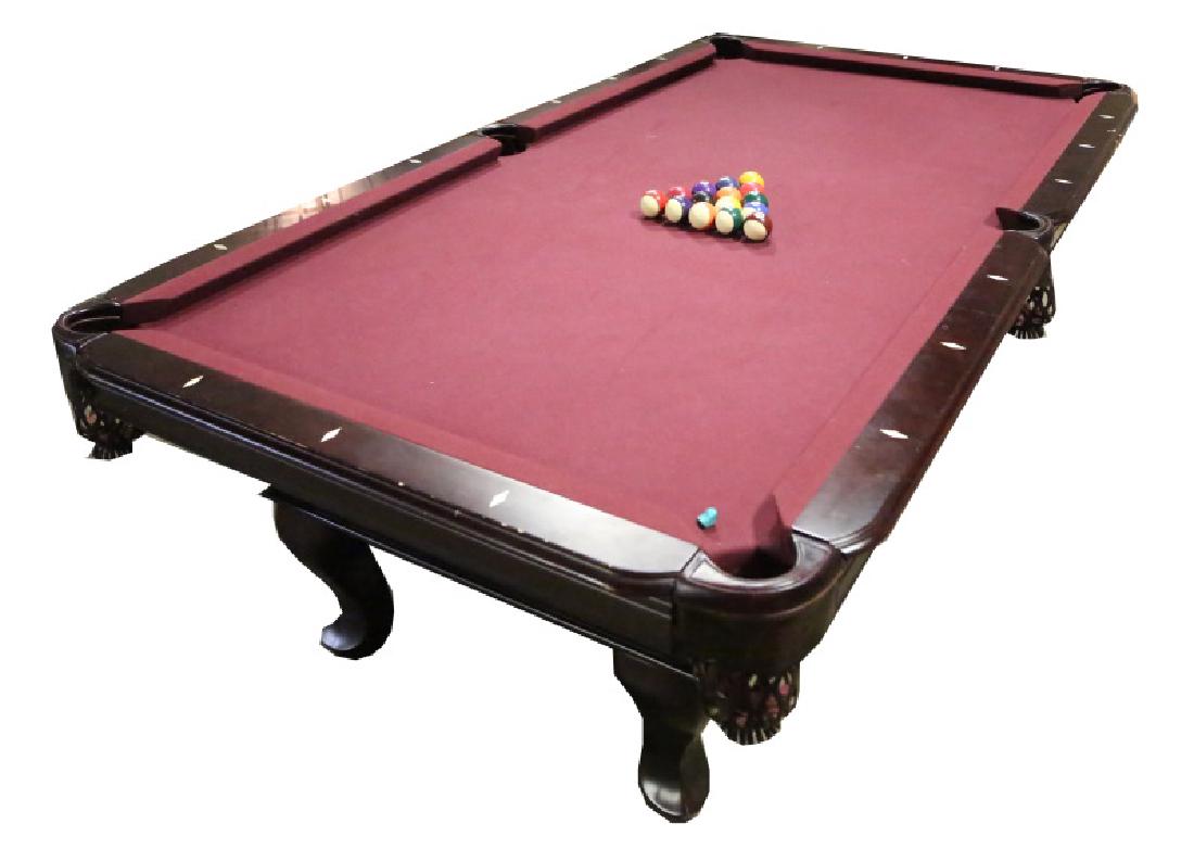 BILLIARDS LOT (TABLE, CUES, BALLS, WALL CLOCK): BILLIARDS LOT. (MAHOGANY & LEATHER POCKET BILLIARD TABLE, CUE STICKS, CUE STICK RACK, BALLS, WALL CLOCK). Height: 32 in. by Width: 55 1/4 in. by Depth: 99 3/4 in