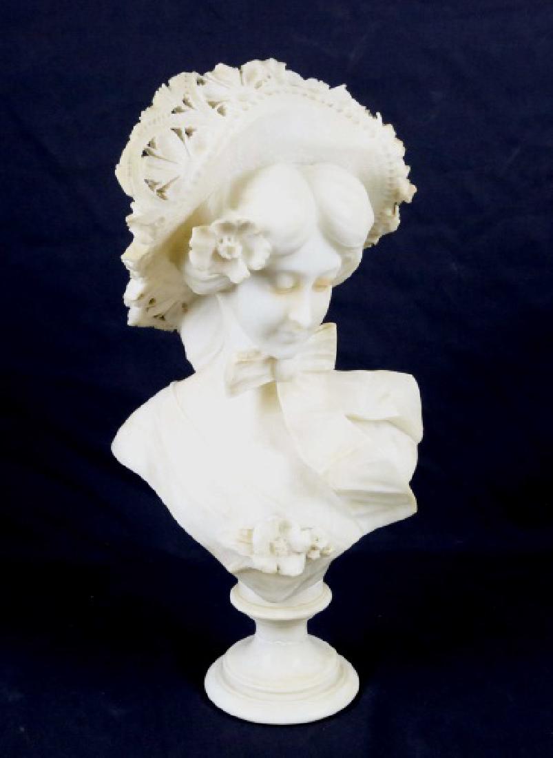 19th CENTURY ALABASTER BUST: 19th CENTURY ALABASTER BUST. Minor damage to the brim area. Height: 22 in. by Width: 12 in. by Depth: 8 19