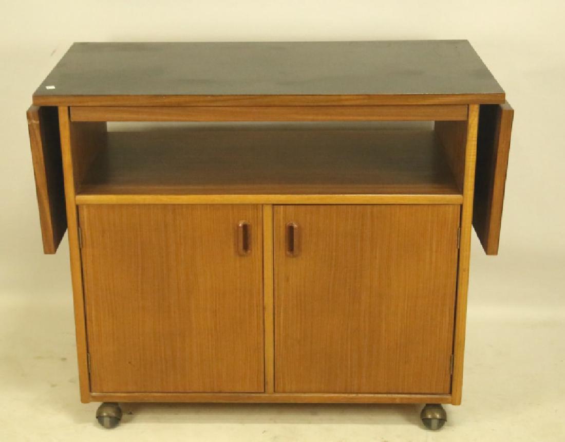 MID-CENTURY MODERN TEAK FINISH ROLLING BAR CART: MID-CENTURY MODERN TEAK FINISH ROLLING BAR CART. Height: 30 in. by Width: 36 & 60 in. by Depth: 18 in.