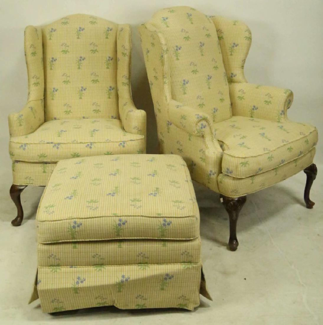 PAIR OF WING CHAIRS WITH MATCHING OTTOMAN (1 of 5)