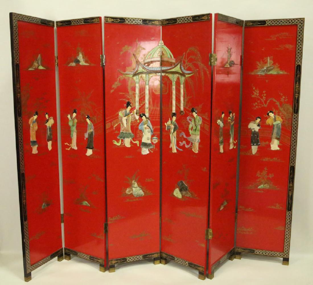 RED LACQUERED CARVED HARDSTONE & BONE WALL SCREEN: CHINESE SIX PANELED RED LACQUERED CARVED HARDSTONE & BONE WALL SCREEN. Height: 72 in. by Width: 16 & 96 in. by Depth: 1 IN.