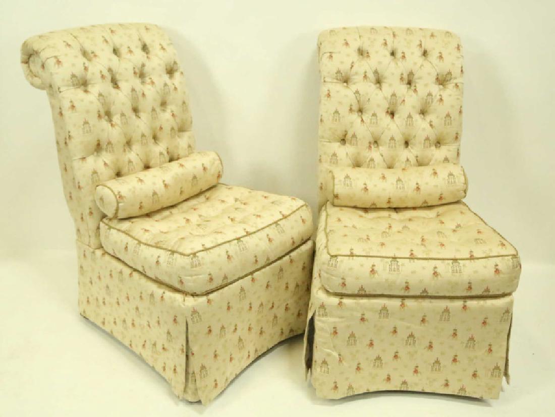 PAIR OF EMBROIDERED SILK SLIPPER CHAIRS: PAIR OF EMBROIDERED SILK SLIPPER CHAIRS. Height: 40 in. by Width: 29 in. by Depth: 36 in.
