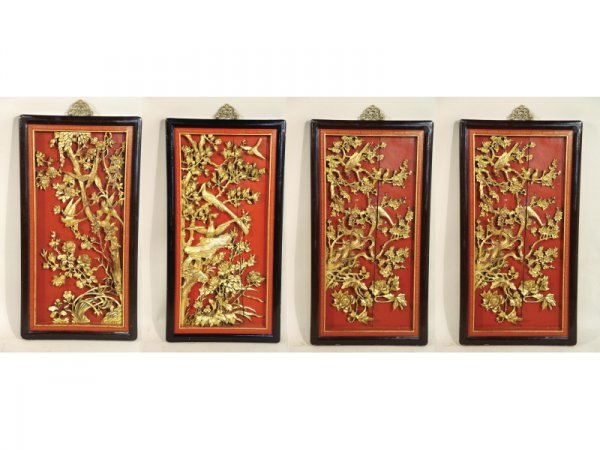 Four Chinese wood wall panels, each 20" w x 39"h