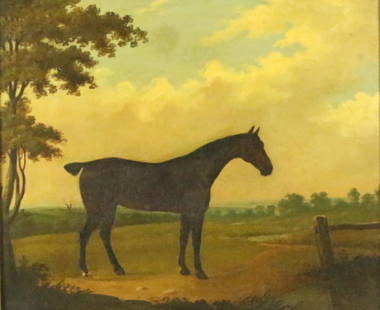 19th CENTURY PAULUS POTTER HORSE OIL ON CANVAS: 19th CENTURY PAULUS POTTER HORSE OIL ON CANVAS PAINTING. IN NEED OF MINOR RESTORATION, TWO SMALL HOLES UPPER LEFT CORNER IN TREES. Height: 24 & 19 in. by Width: 27 & 23 in.