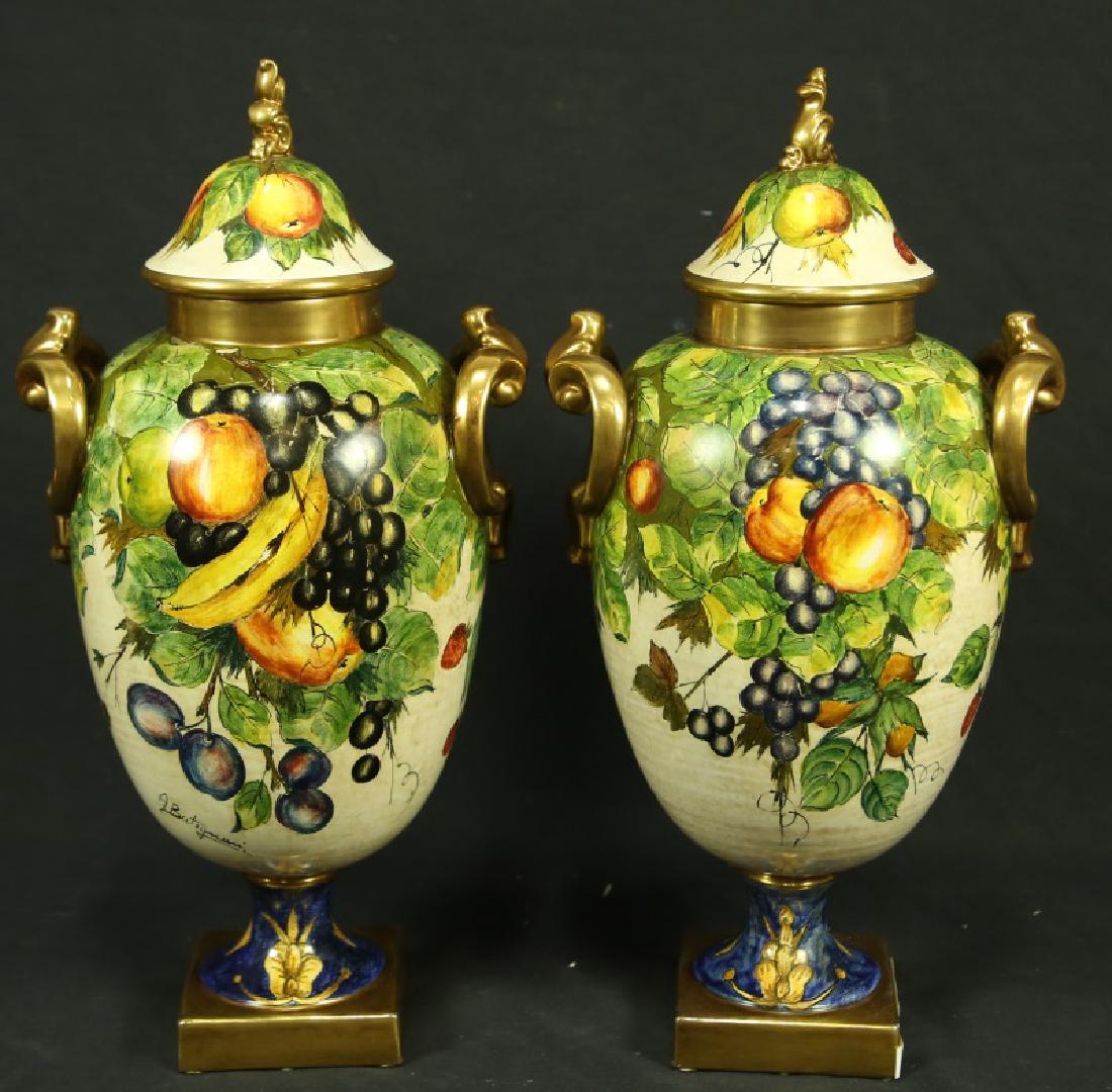 PAIR OF HAND PAINTED CERAMIC LIDDED URNS (1 of 3)
