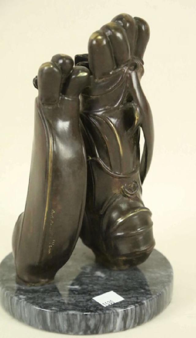 BOB BENNETT "GOLF BAGS & CLUBS" BRONZE #13/500: BOB BENNETT "GOLF BAGS & CLUBS" BRONZE SCULPTURE, EDITION NUMBER 13/500 Height: 9 in. by Width: 6 in. by Depth: 6 in.