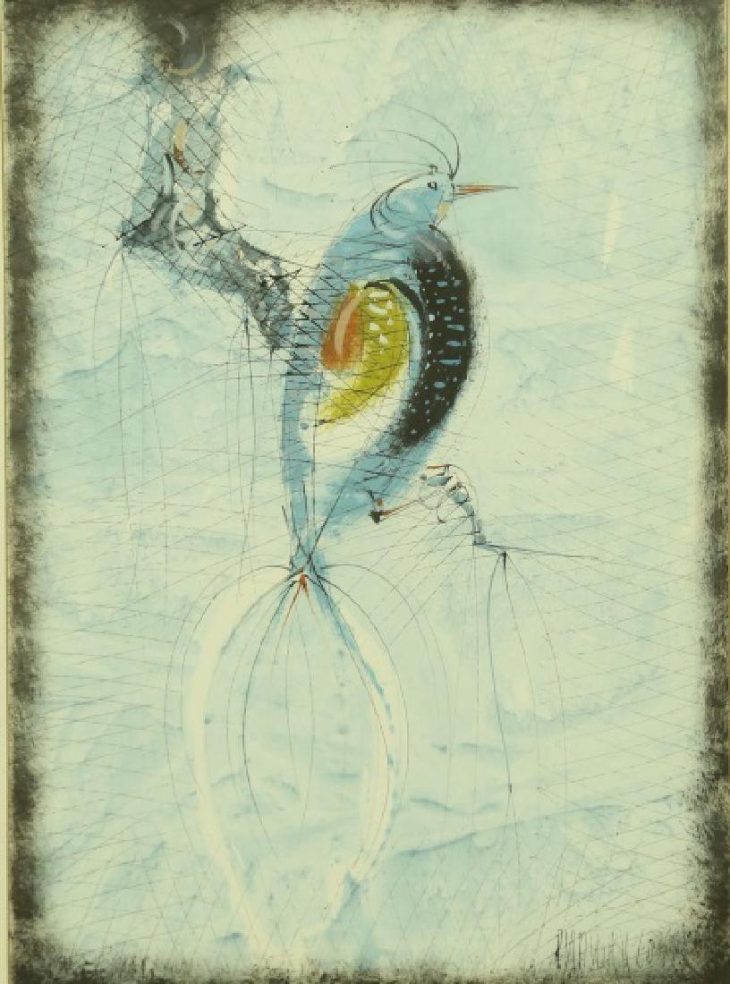 PAUL MAXWELL "ABSTRACT BIRD" ACRYLIC ON CANVAS: PAUL MAXWELL "ABSTRACT BIRD" ACRYLIC ON CANVAS IN GILT FRAME. Height: 35 & 26 in. by Width: 27 & 18 in.