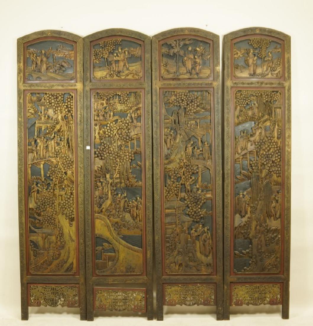 FOUR PANEL WOOD CARVED CHINESE WALL SCREEN (1 of 5)