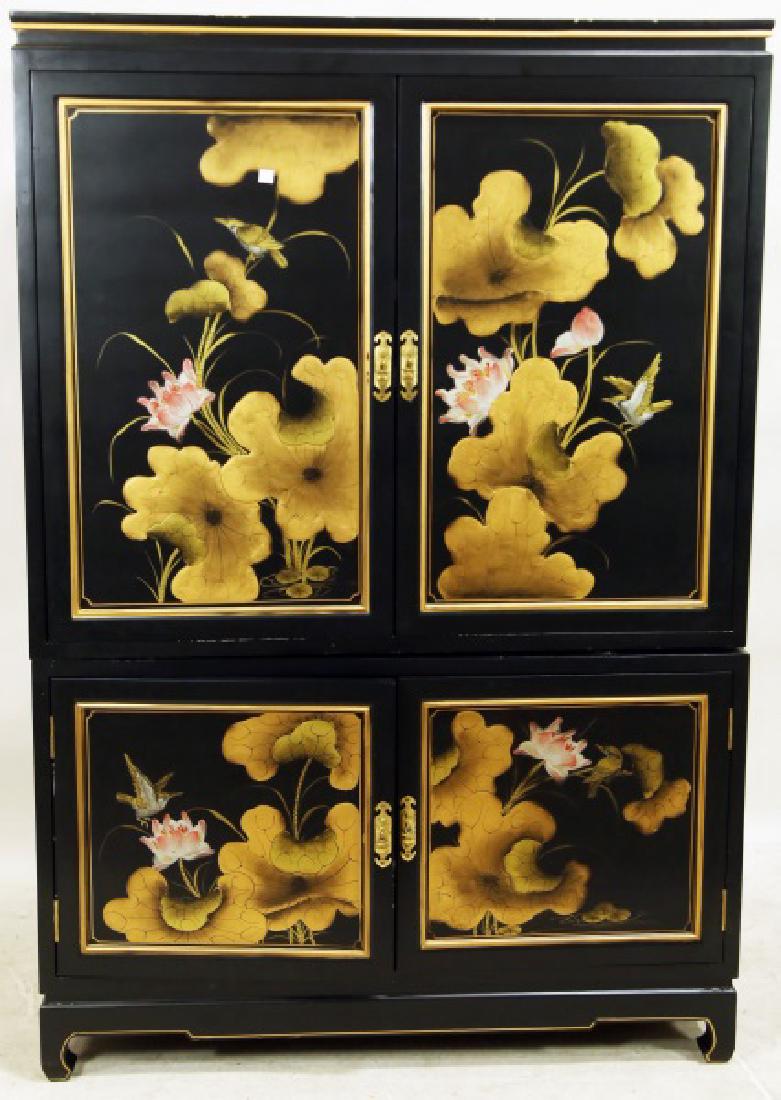 ASIAN STYLE BLACK LACQUERED TELEVISION CABINET: ASIAN STYLE BLACK LACQUERED TELEVISION CABINET. Height: 62 in. by Width: 42 in. by Depth: 25 in.