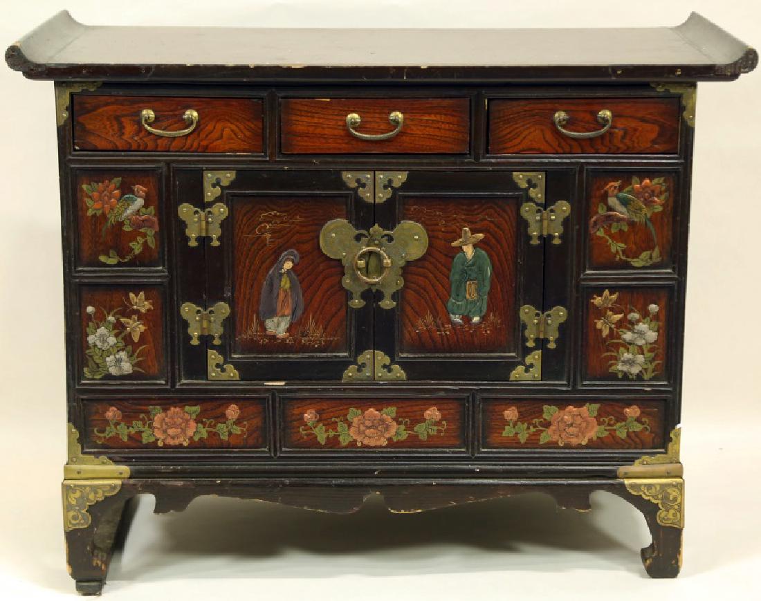 ANTIQUE KOREAN CABINET PAINTED WITH FIGURES, BIRDS: ANTIQUE KOREAN CABINET PAINTED WITH FIGURES & BIRDS. Height: 28 in. by Width: 27 in. by Depth: 12 in.