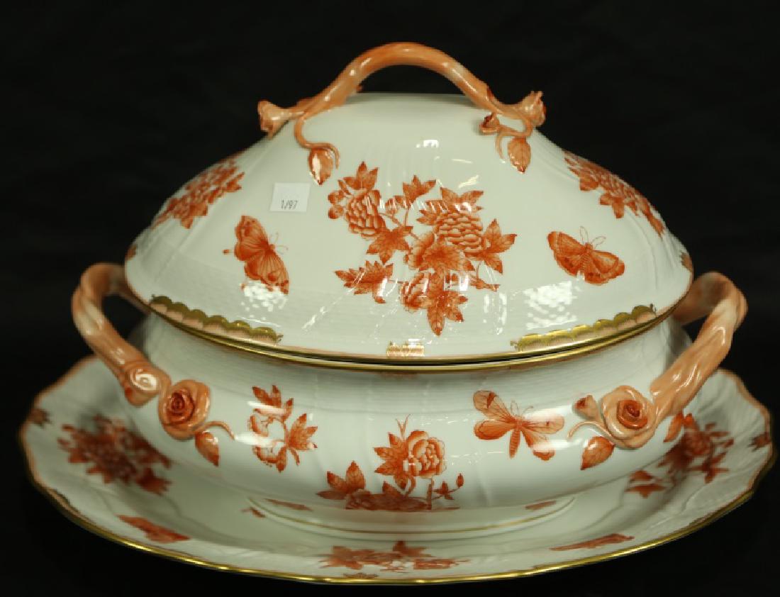 HEREND CHINESE BOUQUET RUST SOUP TUREEN/UNDERPLATE