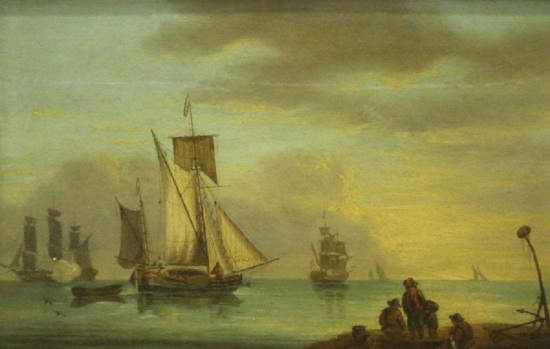 "SHIPS OFF THE COAST" OIL/ PANEL GOLD LEAF FRAME: "SHIPS OFF THE COAST" OIL ON PANEL IN GOLD LEAF FRAME. UNSIGNED FOLLOWER OF THOMAS LUNY, BRITISH 1759-1837 Height: 11 & 7 in. by Width: 15 & 10 1/2 in.