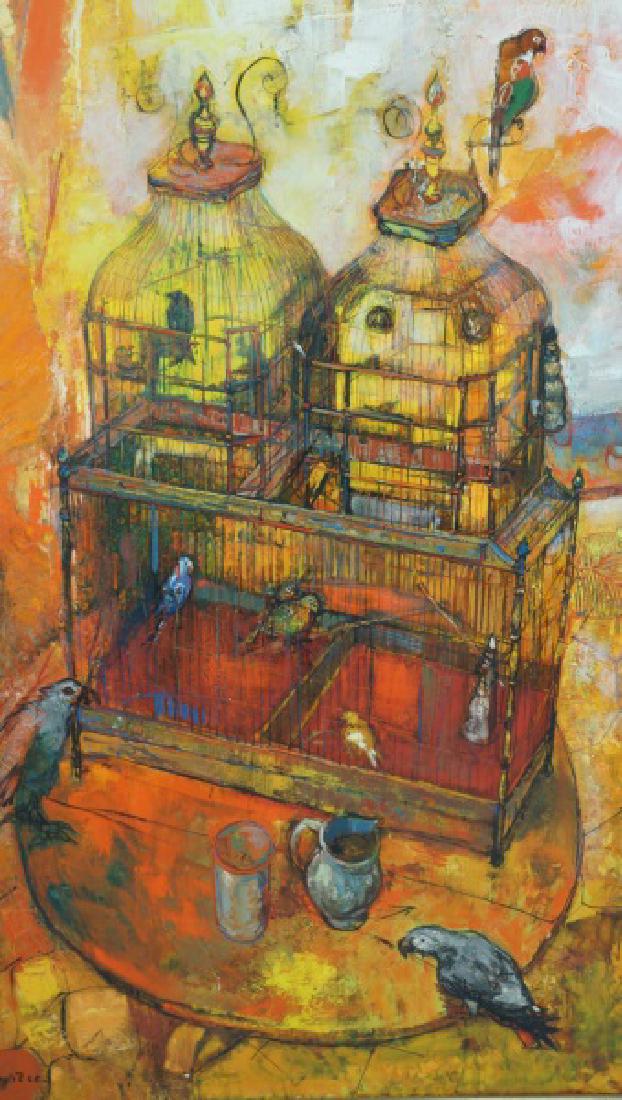 SIGNED CONTEMPORARY BIRDHOUSE OIL ON CANVAS (1 of 5)