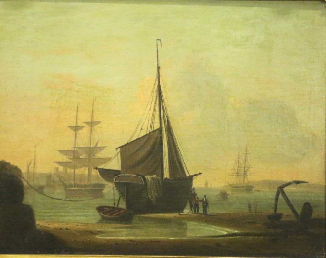 "BEACHED SAIL BOAT" FOLLOWER OF THOMAS LUNY: "BEACHED SAIL BOAT" UNSIGNED FOLLOWER OF THOMAS LUNY, BRITISH 1759-1837 OIL ON WOOD PANEL IN ORNATE GOLD FRAME. Height: 21 & 12 in. by Width: 25 & 16 in.