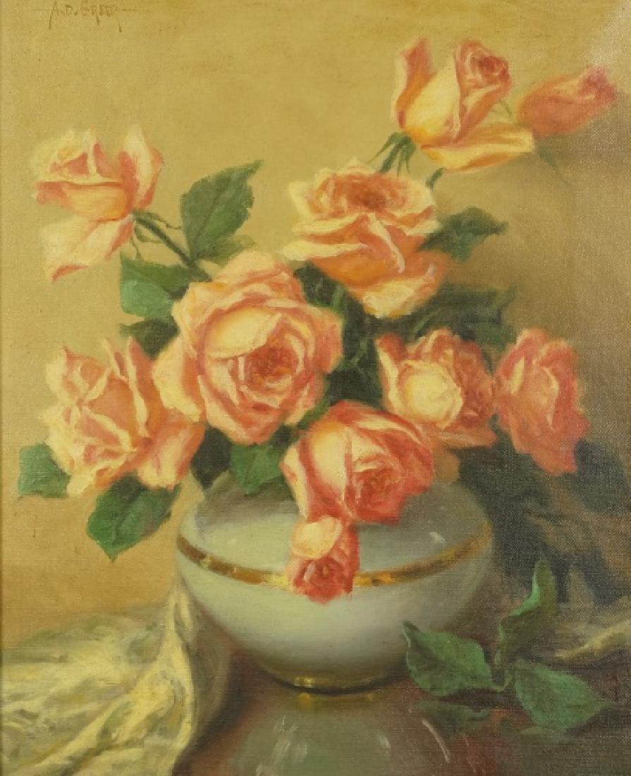 A. D. GREER STILL LIFE FLORAL OIL ON CANVAS: A. D. GREER STILL LIFE FLORAL OIL ON CANVAS PAINTING. Height: 24 1/2 & 19 1/2 in. by Width: 20 1/2 & 15 1/2 in.