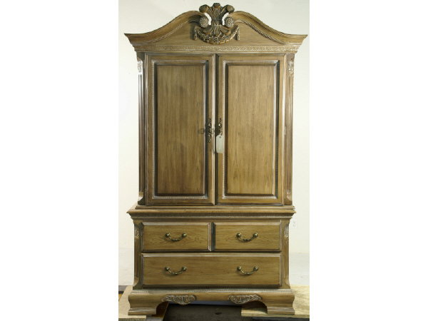 Entertainment center, carved Prince of Wales feath