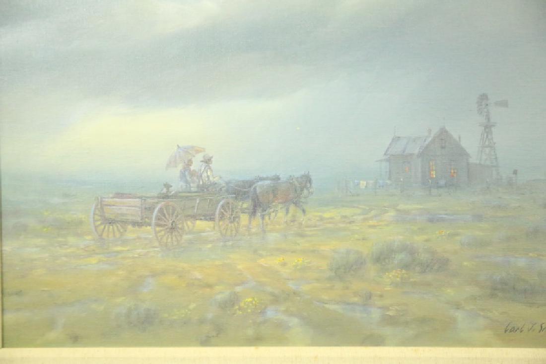 CARL J. SMITH "HOME IN THE RAIN" OIL ON CANVAS: CARL J. SMITH (BORN TX 1928) "HOME IN THE RAIN" OIL ON CANVAS IN A NICELY CARVED & GILDED FRAME. Height: 22 & 15 in. by Width: 26 & 19 in.