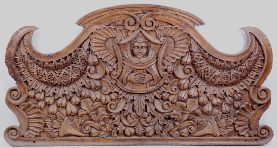 17th CENTURY SPANISH ROCOCO CARVED HEADBOARD: 17th CENTURY SPANISH ROCOCO CARVED HEADBOARD. Height: 42 in. by Width: 77 in. by Depth: 2 1/2 in.