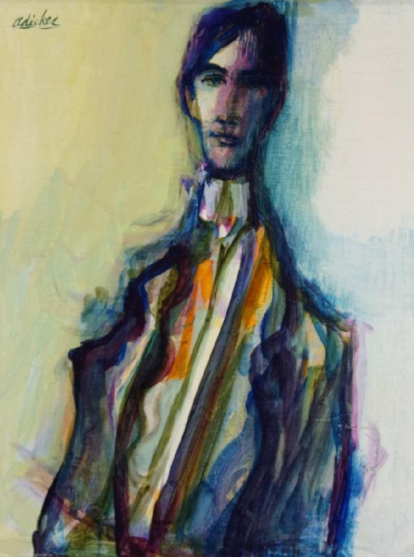 DAVID ADICKES "BART IN ORANGE TIE" OIL ON BOARD: DAVID ADICKES "BART IN ORANGE TIE" OIL ON BOARD. FROM THE ESTATE OF BART TRUXILLO. Height: 22 in. by Width: 18 1/2 in.