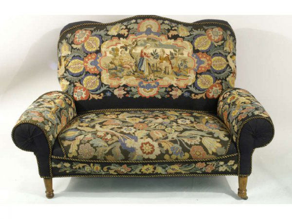 Pair of settees with antique needlepoint fabric: Pair of settees with antique needlepoint fabric. Size: 56" x 37" x 28".