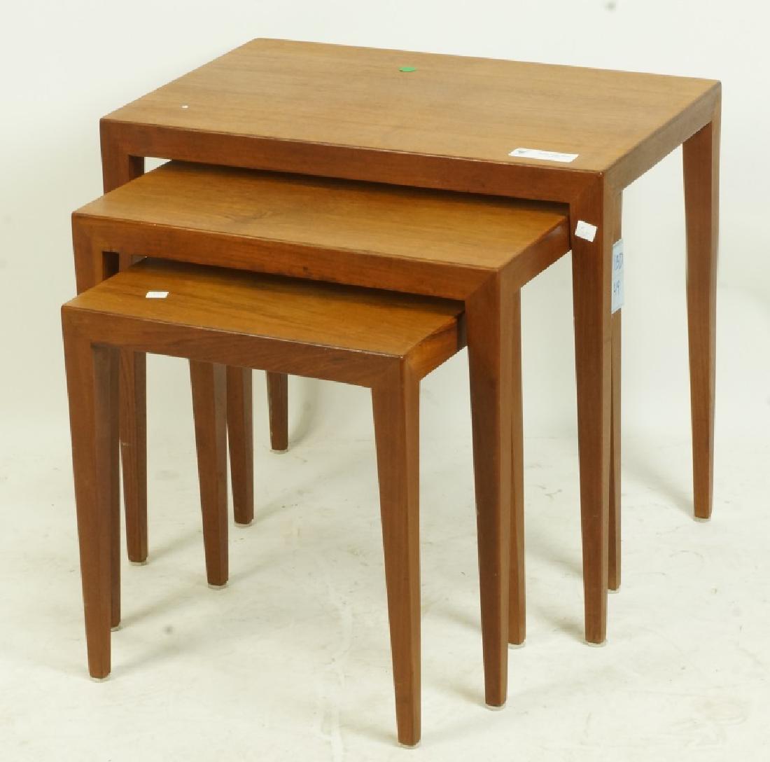 THREE-PIECE DANISH MODERN TEAK NEST OF TABLES: SEVERIN HANSEN THREE-PIECE DANISH MODERN TEAK NEST OF TABLES MADE BY HASLEV MOBEL. Height: 20 1/2 in. by Width: 22 1/2 in. by Depth: 15 1/2 in.